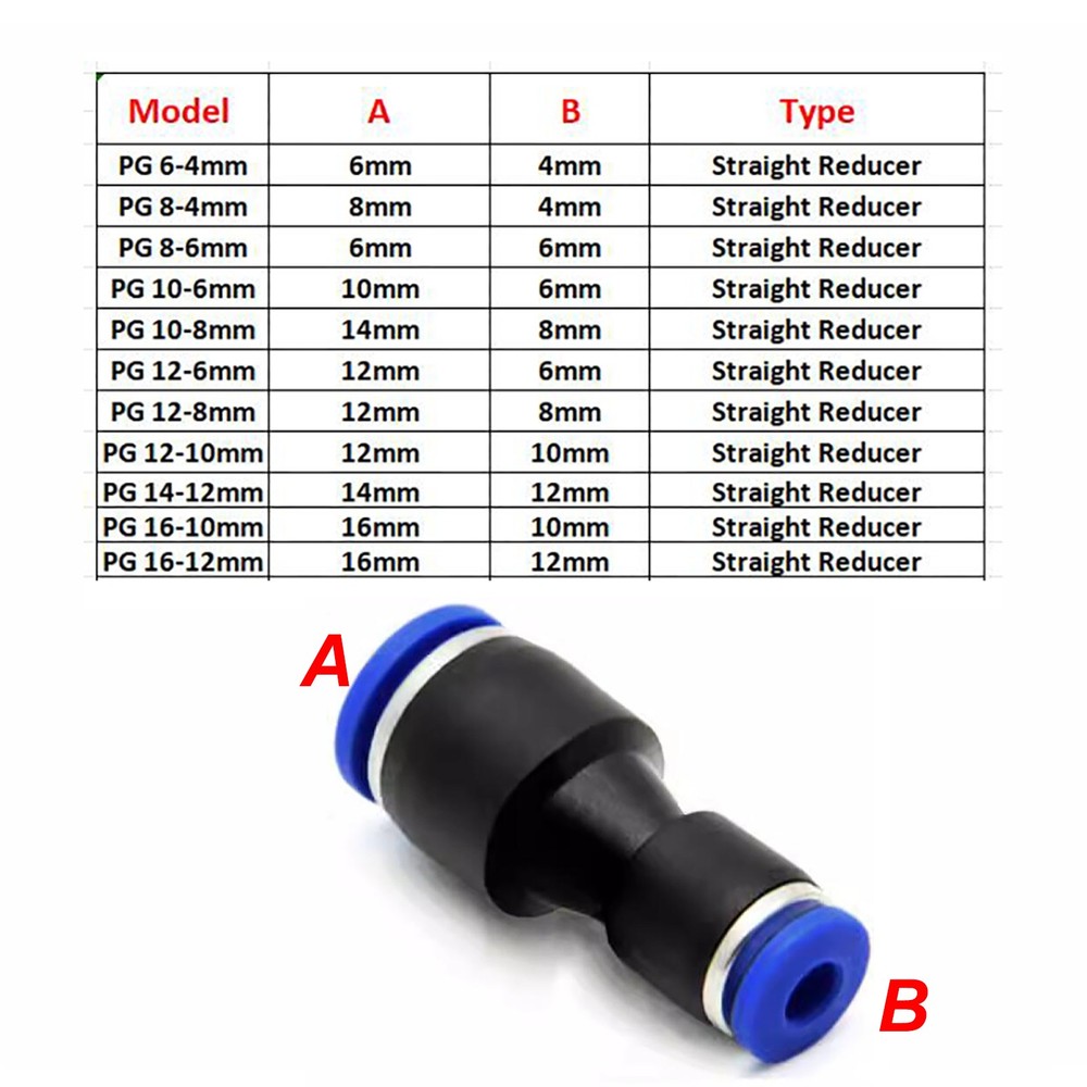 Pneumatic Push in Fitting Air Water Pipe – All Type Fittings 4/6/8/10/12/14/16mm