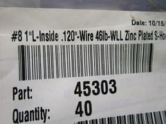 #8 1″L-Inside .120″-Wire 46lb-WLL Zinc Plated S-Hook QTY 40