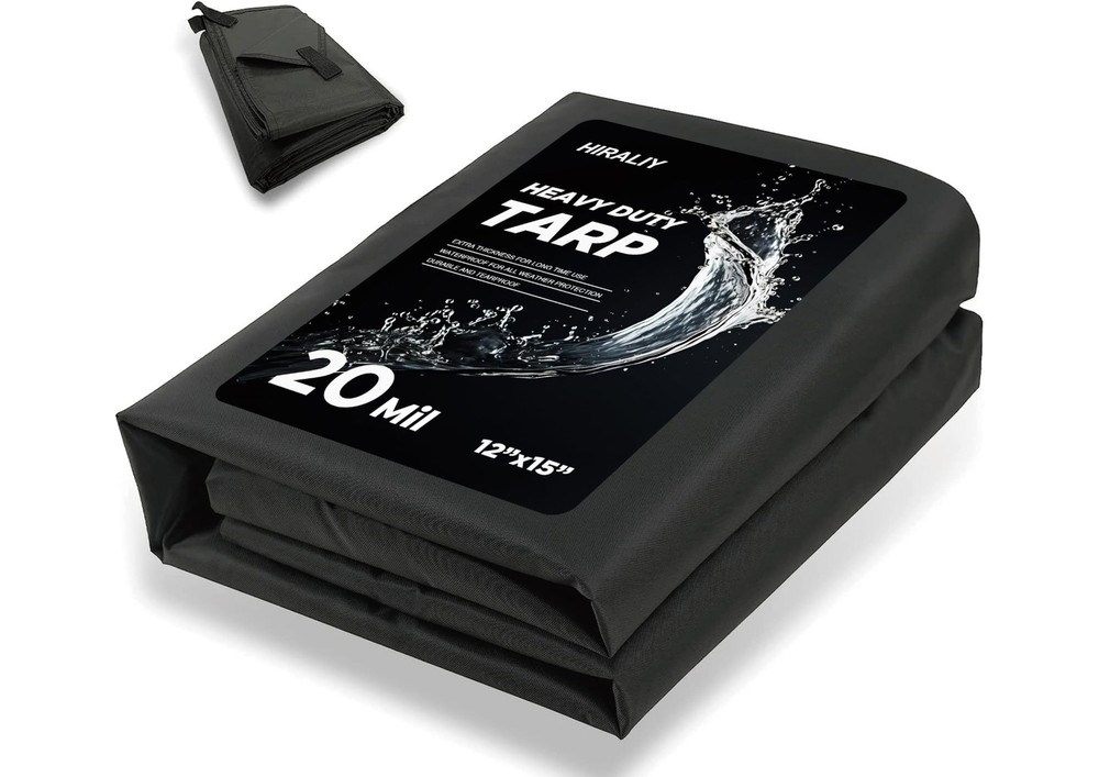 HIRALIY 20 Mil Heavy Duty Waterproof Tarp, 12x15ft Black Tarpaulin with Reinf…