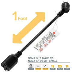 PluGrand 1-Foot Right Angle15 Amp Household AC Plug to 20 T Blade Black