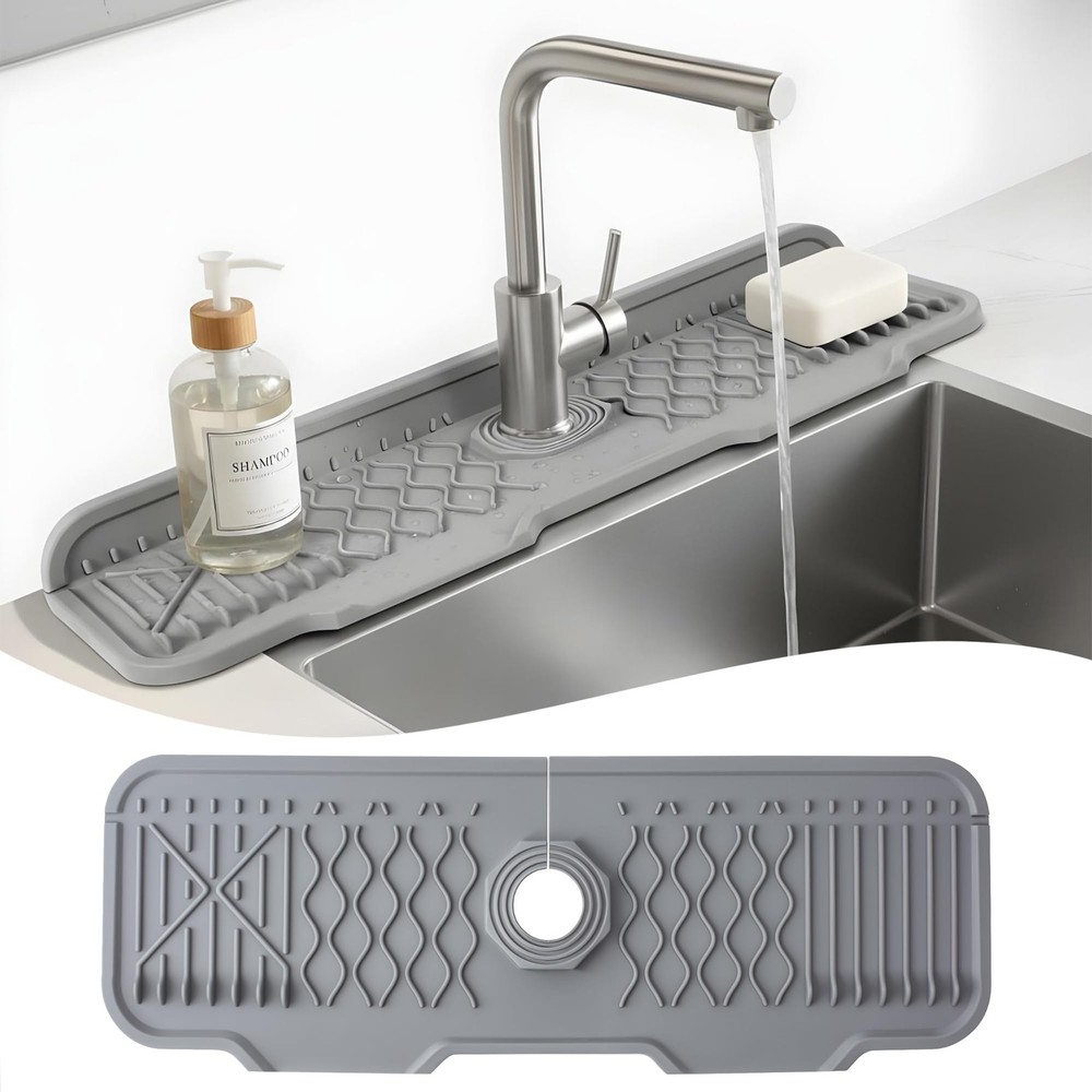 ZANVERO Extra Thick Silicone Faucet Mat for Kitchen & Bathroom 17″ x 6″, Gray