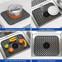 TOOVEM Kitchen Sink Mats, 2PCS Non-Slip Heat 13.58 x11.6 Center Drain, Black