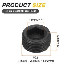 4Set Socket Pipe Plugs M22-1.5x12mm Carbon Steel Hex Thread Pipe Caps Black