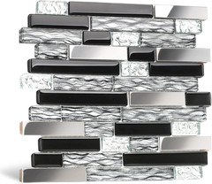 Glass Metal Tiles Art Mosaic Silk Black Crystal Glass Chrome Silver Steel Accent
