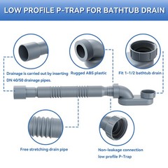 Flexible Freestanding Tub Drain Kit, Low Profile Flat P Trap for Small, Gray