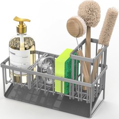 Cisily Sink Caddy Organzier with High Brush Holder, Sponge Holder 9.25″, Grey