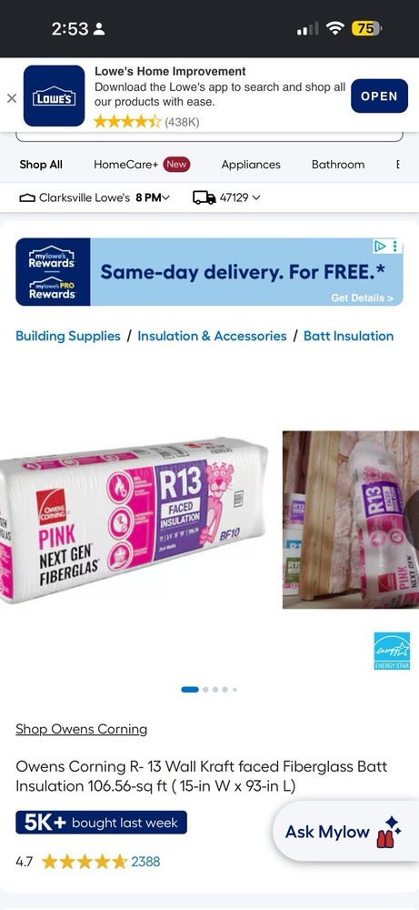 Owens Corning R13 Faced Fiberglass Batt Insulation Wall 15″x93″ 106.56sqft