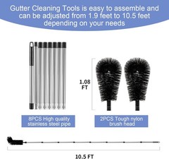 No-Ladder Gutter Cleaner, 7-Section Adjustable Roof Brush Black for Debris