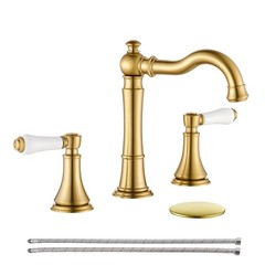 Roffenny Porcelain 8 Inch Widespread Brushed Gold Bathroom Faucet 3 Holes