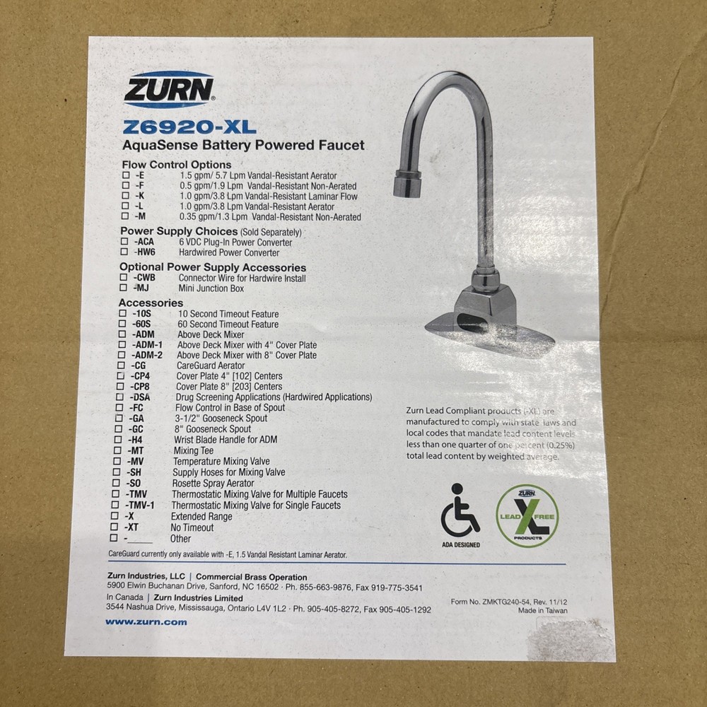 Zurn Z6920-XL AquaSense Battery Powered Faucet NEW Open Box
