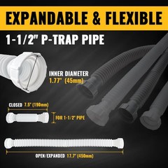 VIVIDA 1-1/2″ Sink Drain Pipe Kit, Flexible P 7.5″ to 17.7″, White