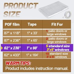62×236in Window Insulation Kit for Winter- Thicken 62″ × 236″, Transparent