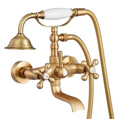 Wall Mount Clawfoot Tub Faucet with Handheld Shower, Brushed Gold, Swing Arms &