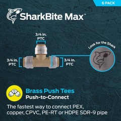SharkBite Max 3/4 Inch Tee, Pack of 6, Push to Connect Brass Plumbing Fitting,