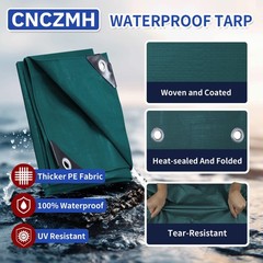 Heavy Duty Tarp Waterproof 12×20 Feet, 16 Mil Thick Green Poly Tarps, Grommet…