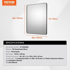Wall Mounted Makeup Mirror,0.15″Thick,36″x 36″Mirror with Aluminium Alloy Frame