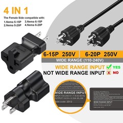 [2Pack] Four-in-One 4-in-1 15 Amp Household AC Plug to 20 T Blade Black