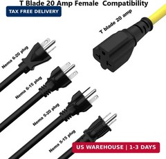 [2PACK] 1FT 15 Amp Household AC Plug to 20 Amp T-Blade Adapter Cable 12AWG Nema