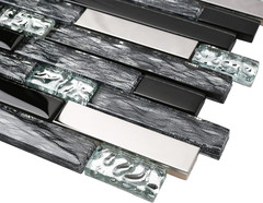 Glass Metal Tiles Art Mosaic Silk Black Crystal Glass Chrome Silver Steel Accent