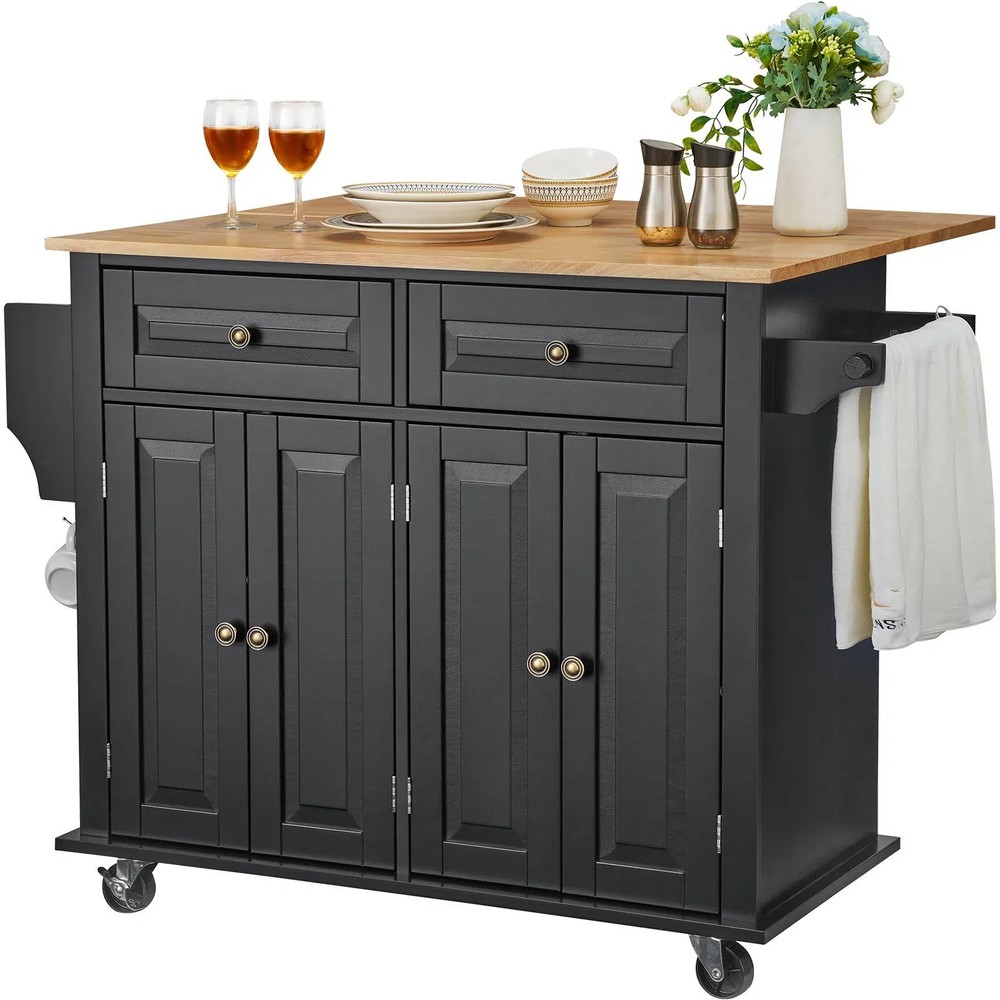 Kitchen Island Cart, 43″ Wood Top Mobile Carts with Storage Cabinet, Rolling Tab