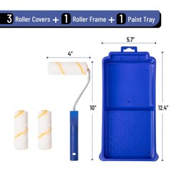 Bates- 4 Inch Paint Roller Kit, 5 pcs, 4 Blue Tray & Frame, Small