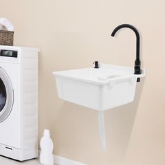 Plastic Wall-Mounted Utility Sink, Wall-Mounted Utility Tub with Hot&Cold Faucet