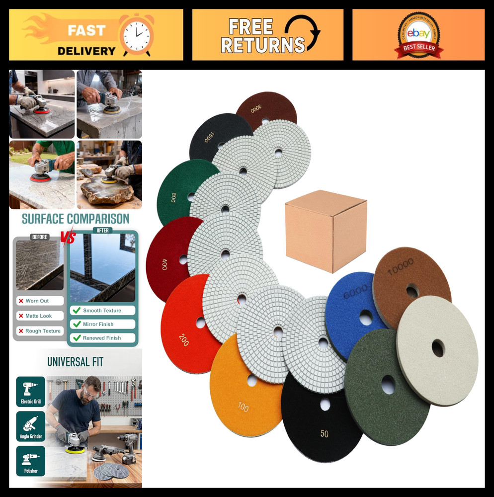 9 PCS 6″ Diamond Polishing Pads Kit Wet/Dry 50-10000 Grit for Concrete, Granite,