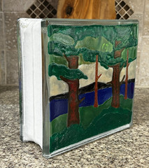 Hand Painted~Glass Infused~Block~Lake Scene~7½” x 7½” x 3″