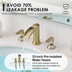 HOIGY Brushed Gold 3 Hole Widespread Bathroom Faucet 2 Handle Waterfall Pop Up