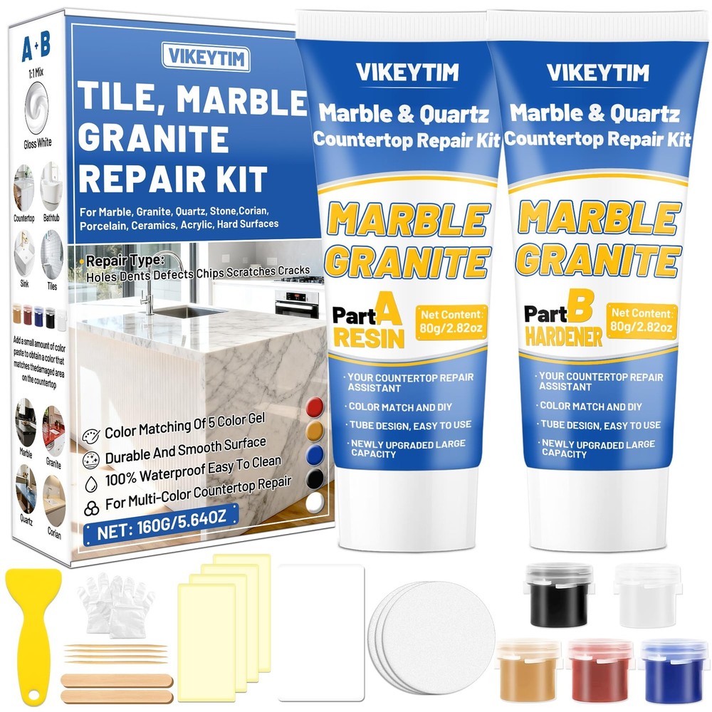 Tile, Marble and Granite Repair Kit (Color Match), Fix Holes Dents Defects