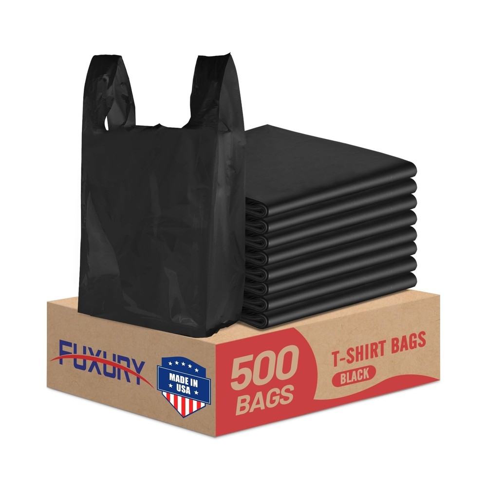 Fuxury 500 Count Plastic T-shirt Bags Black 11.5″ x 6.5″ x 21″, Grocery, Tras…