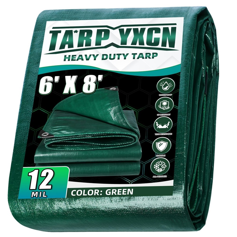 Green Heavy Duty Tarp 6×8 Feet, 12 Mil Thick Waterproof Poly Tarps Cover UV R…