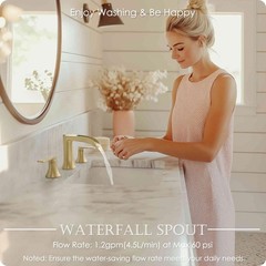 HOIGY Brushed Gold 3 Hole Widespread Bathroom Faucet 2 Handle Waterfall Pop Up