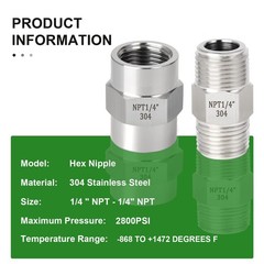 TAISHER 4PCS 304 Stainless Steel Pipe Fitting, Hex Nipple, 1/4″ NPT, Silver
