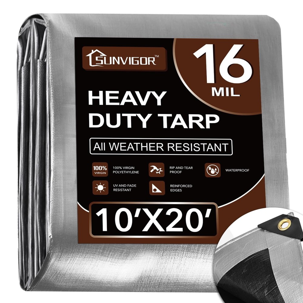 Sunvigor Tarp Waterproof 10x20Ft, Extra Thick 16 Mil Heavy Duty Tarp Cover, T…