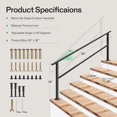 Outdoor Handrail 6 Step Stair Handrail 83″ x 36″ Fits 1 to 6 Steps Wrought