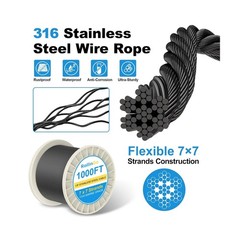 1000FT 1/8″ Wire Rope with Cutter, 316 Stainless Steel Wire Cable for Deck St…