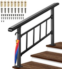 Handrails 2-3 Steps Wrought Iron Black for Outdoor Concrete or Wooden Stairs Kit