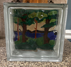 Hand Painted~Glass Infused~Block~Lake Scene~7½” x 7½” x 3″