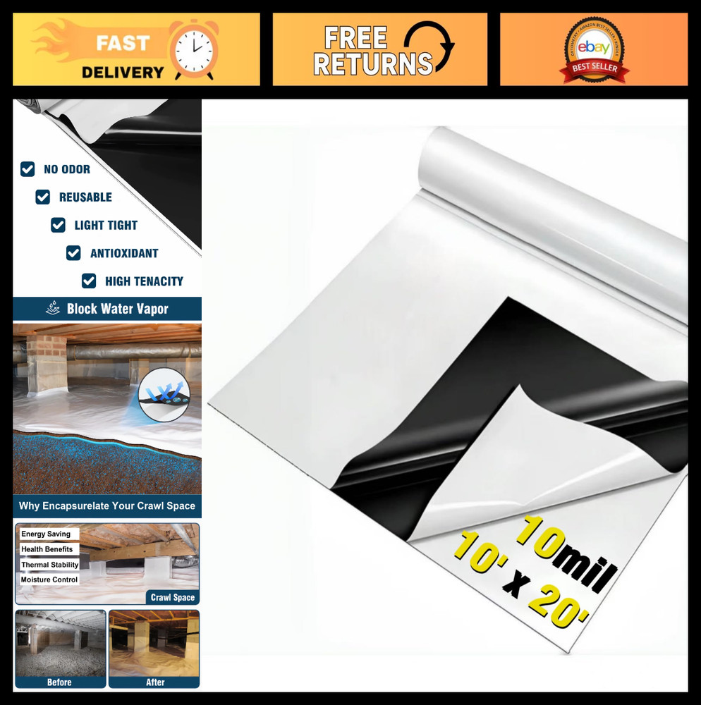 10Mil Vapor Barrier for Crawl Space – 10FT x 20FT Heavy Duty Plastic Sheeting, M