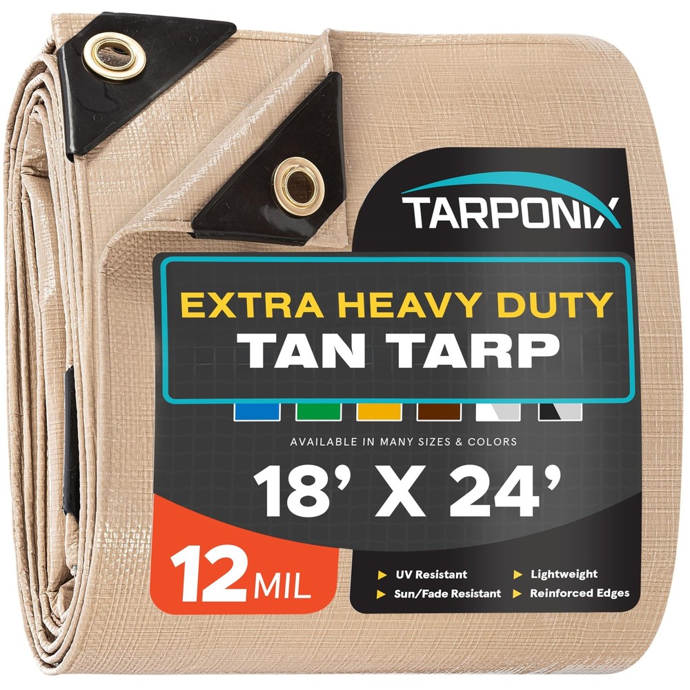 18′ x 24′ Extra Heavy-Duty Tan Poly Tarp – 12 Mil Thick, Waterproof, UV-Re