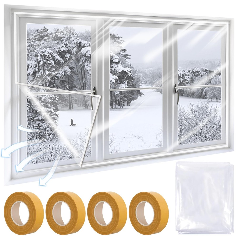 63” x 236” Window Insulation Kit POF Window Sealer with 4 Double-Sided Tap…