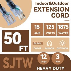 Indoor Outdoor Extension Cord, 12 Gauge 3 Prong Weatherproof Heavy Duty Black Ex