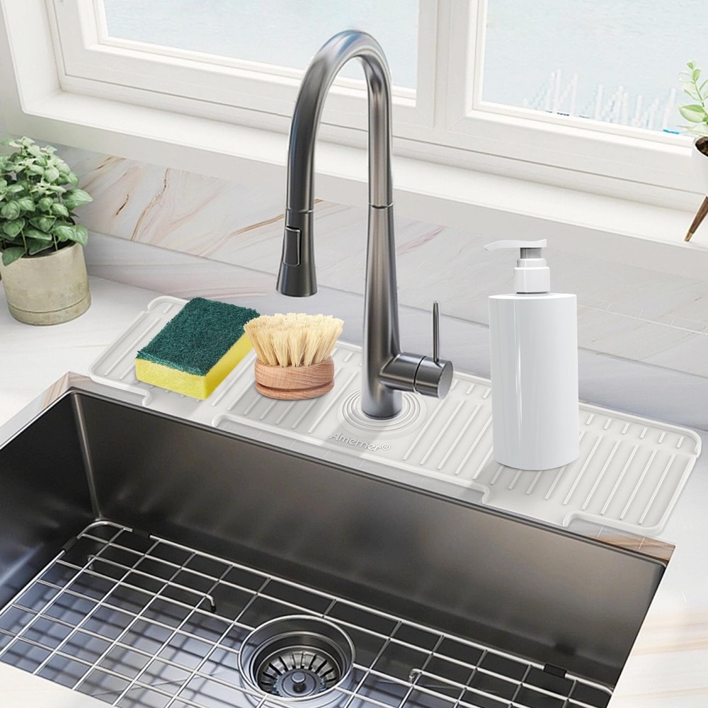 Kitchen Sink Splash Guard, 20IN Longer Silicone Faucet Guard & 20 IN, White