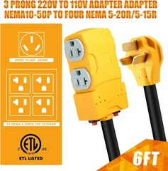 6FT 220V to 110V Adapter NEMA 10-50P to 4x 5-20R/15R w/ 20A Circuit Breaker
