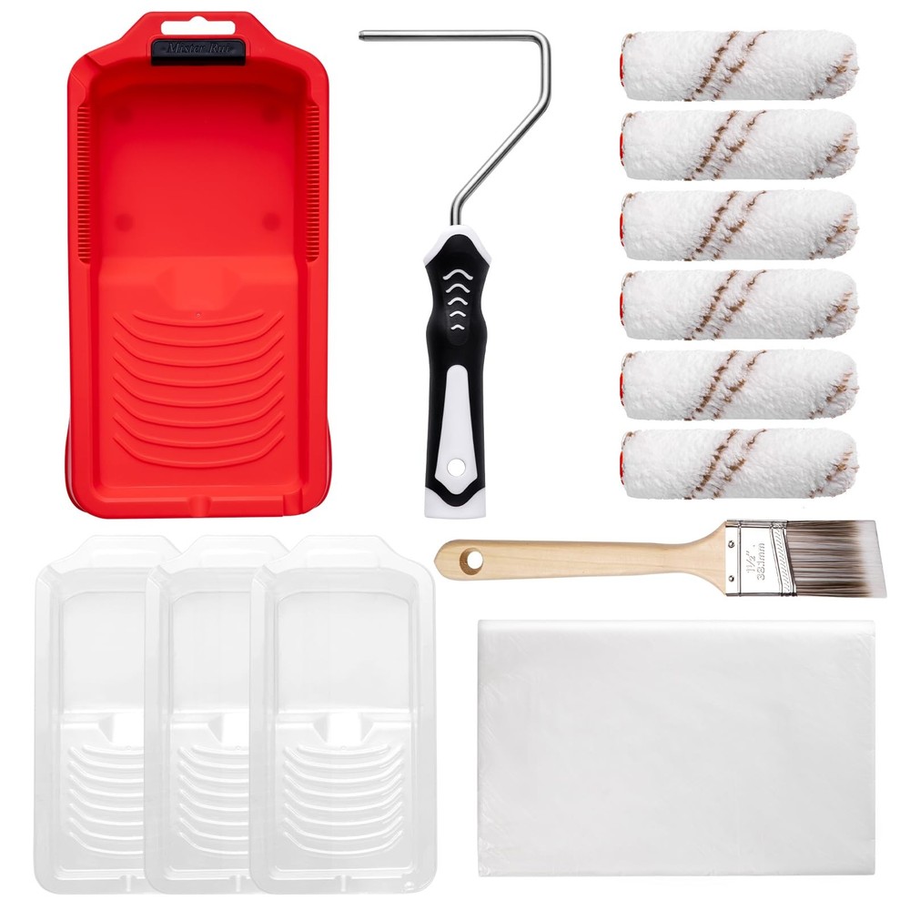 Mister Rui Paint Roller Kit-13 Piece, 4-Inch Microfiber Red Tray