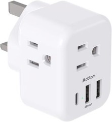 US to UK Ireland Plug Adapter, Addtam Type G Power Adapter with 3 AC white