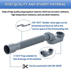 Flexible Freestanding Tub Drain Kit, Low Profile Flat P Trap for Small, Gray