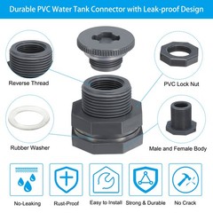 2Pcs PVC Bulkhead Fitting with Cap NPT 3/4″ Water Tank Connector Gray