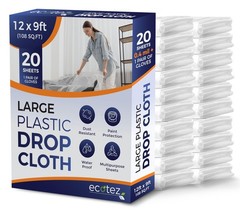 20 Pack 12 x 9 ft Extra Large Plastic Drop Cloth for Painting – Light & Durab…